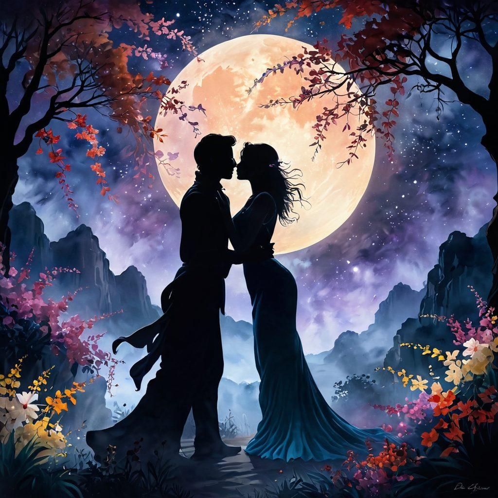 A romantic scene under a moonlit sky, featuring a silhouette couple intertwined in a passionate embrace, surrounded by blooming exotic flowers and soft, flowing silks. Gentle wisps of mist rise around them, enhancing the mood of intimate adventure. The stars twinkle above, adding a sense of allure and enchantment. rich colors. impressionist painting.
